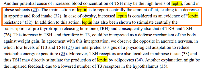 text from a study with text highlighted that describes the definition of leptin resistance.