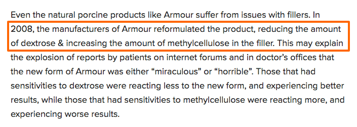 Highlighted text from another blog which shows changes to the armour thyroid formulation in 2008.