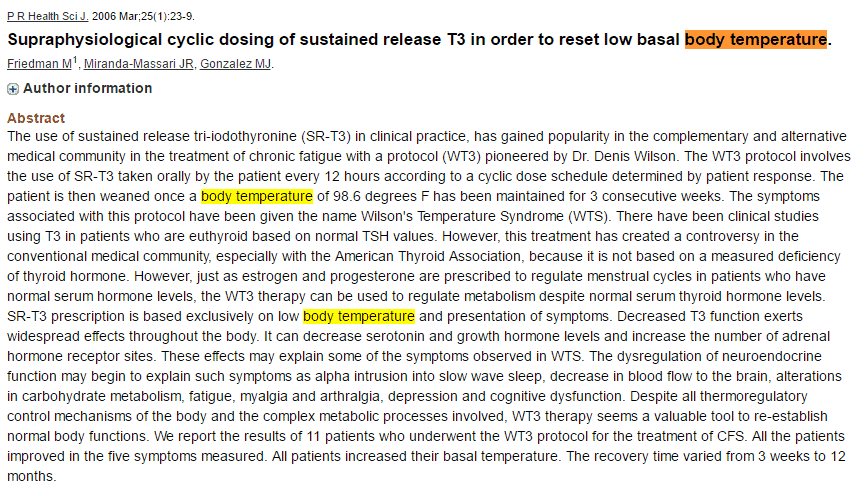 a study with highlighted text which discusses whether or not T3 medication can improve basal body temperature.