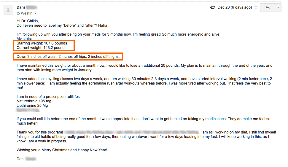 an email from a patient of dr. westin childs describing her weight loss results over 3 months.