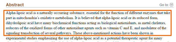 an abstract from a study showing benefits of alpha lipoic acid and its antioxidant function.