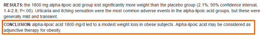 the conclusion of a study with highlighted text which shows that 1,800mg of alpha lipoic acid led to modest weight loss.