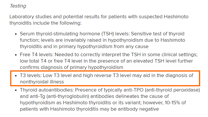 highlighted text which states that testing for t3 and reverse t3 may help aid in the diagnosis of nonthyroidal illness.
