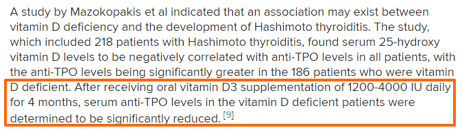 results from a study showing that vitamin d supplementation of around 1,200 to 4,000 IU per day may lower anti tpo antibodies.