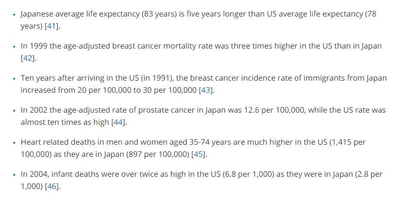 a list of life expectancy, age-adjusted risk of breast cancer mortality, breast cancer risk, prostate cancer risk, and infant death in the Japanese population compared to the American population.