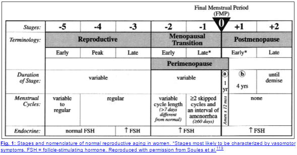 the stages of normal reproductive aging in women with the final menstrual period highlighted.