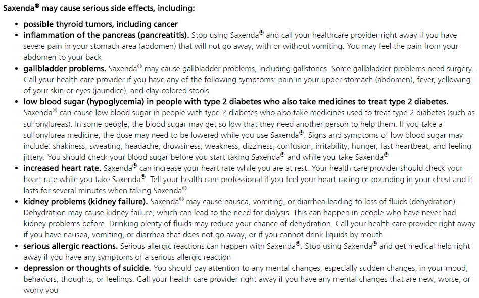 a list of serious side effects from the manufacturer of saxenda including the risk of cancer.