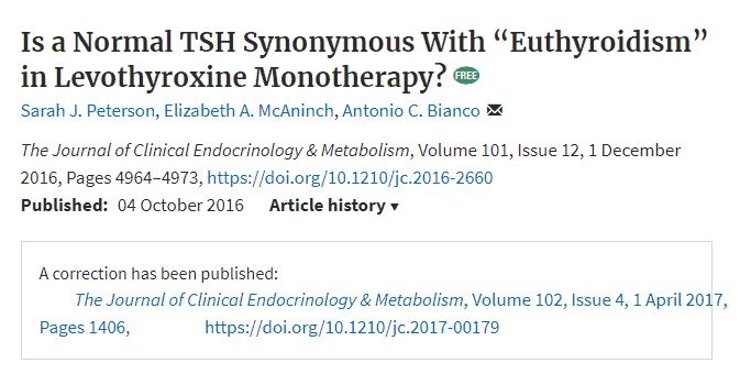 is a normal TSH the same as having normal thyroid function research study discussing the idea that a normal TSH means euthyroidism when taking levothyroxine monotherapy.
