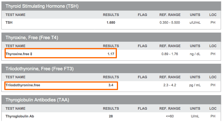 ruth's labs which show low free t4 and low free t3 levels and a normal thyroglobulin antibody level.