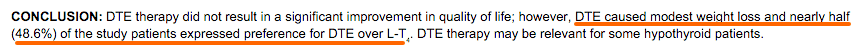 The conclusion of the study between NDT and levothyroxine with the conclusion underlined.