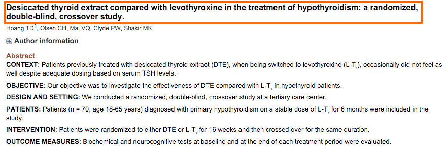 a doulbe blind- crossover study which assessed the impact of levothyroxine vs natural desiccated thyroid