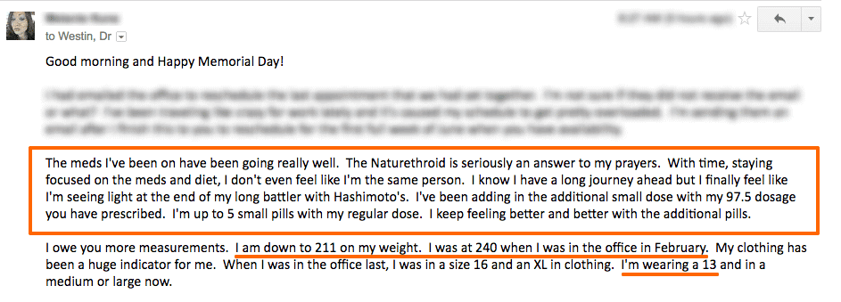 an email from a thyroid patient named melanie showing her success after treatment.