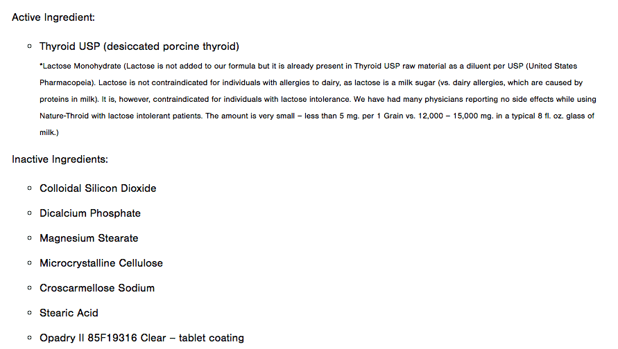List of active and inactive ingredients found in nature-throid.