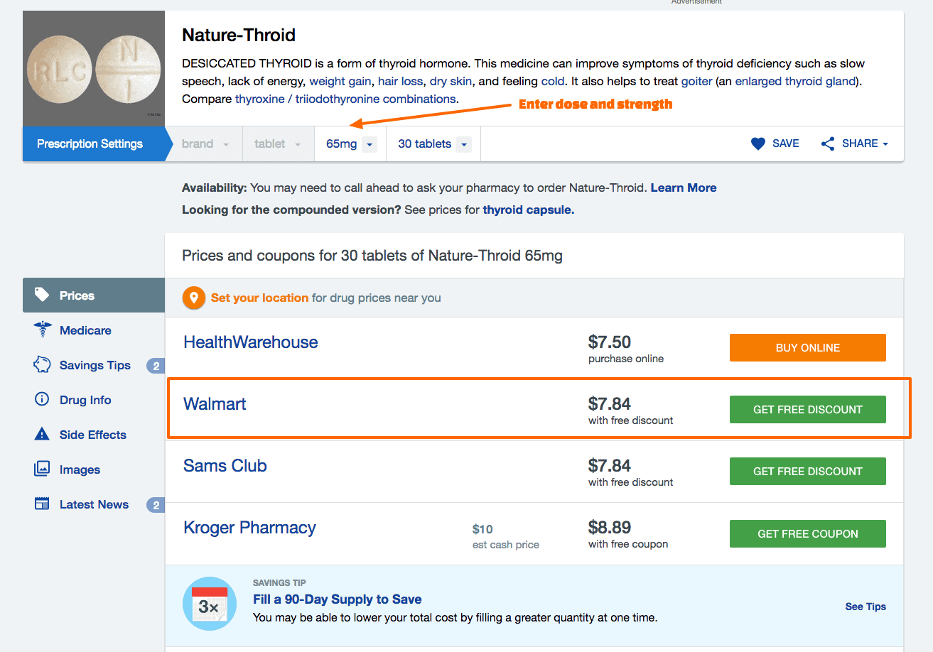Cost of nature-throid at various pharmacies using the goodrx.com search feature.