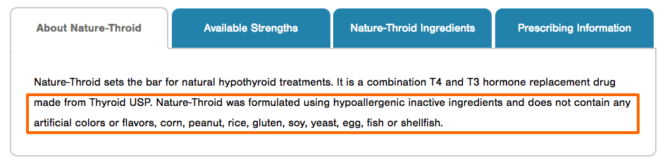 Highlights from the manufacturer regarding the hypoallergenic ingredients used in nature-throid.