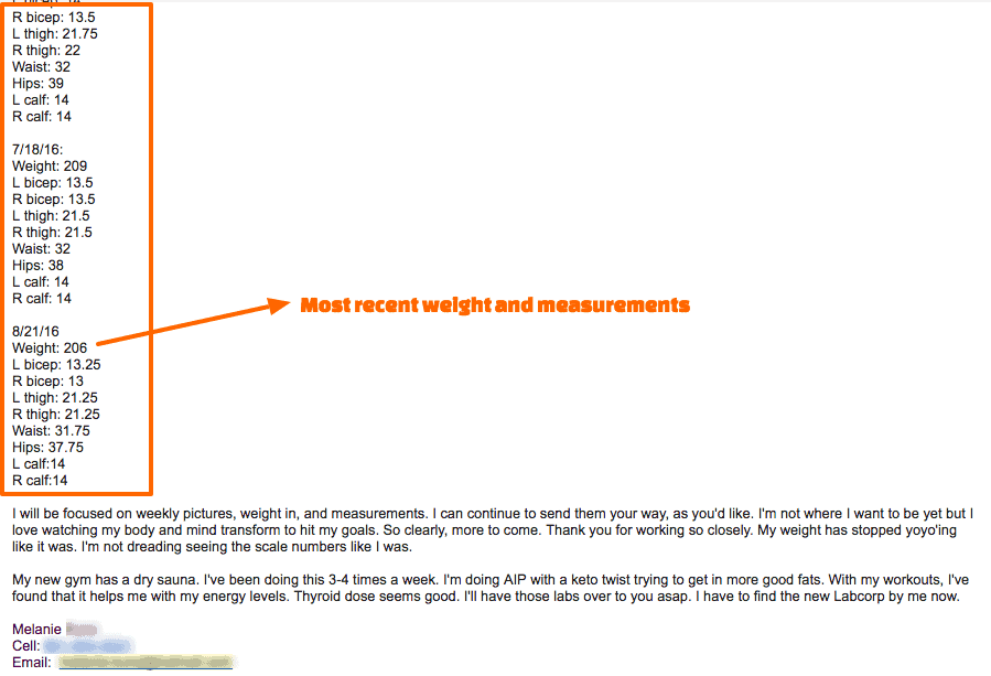 melanie's most recent measurements with an email from her stating her progress.