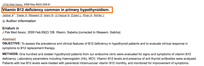 a highlighted study which shows that vitamin b12 deficiency is common in primary hypothyroidism.