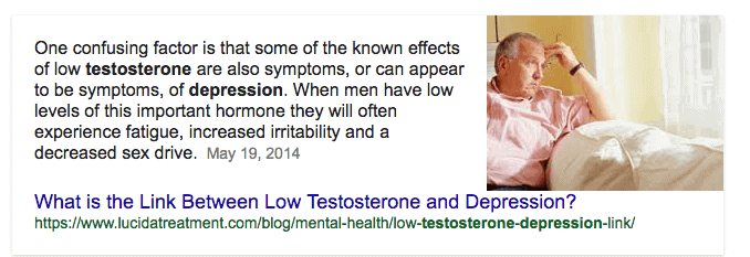 text from google which outlines the connection between depression and testosterone levels.