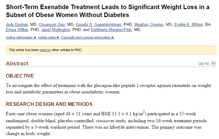 a study which shows that short term exanatide treatment leads to significant weight loss in obese women.