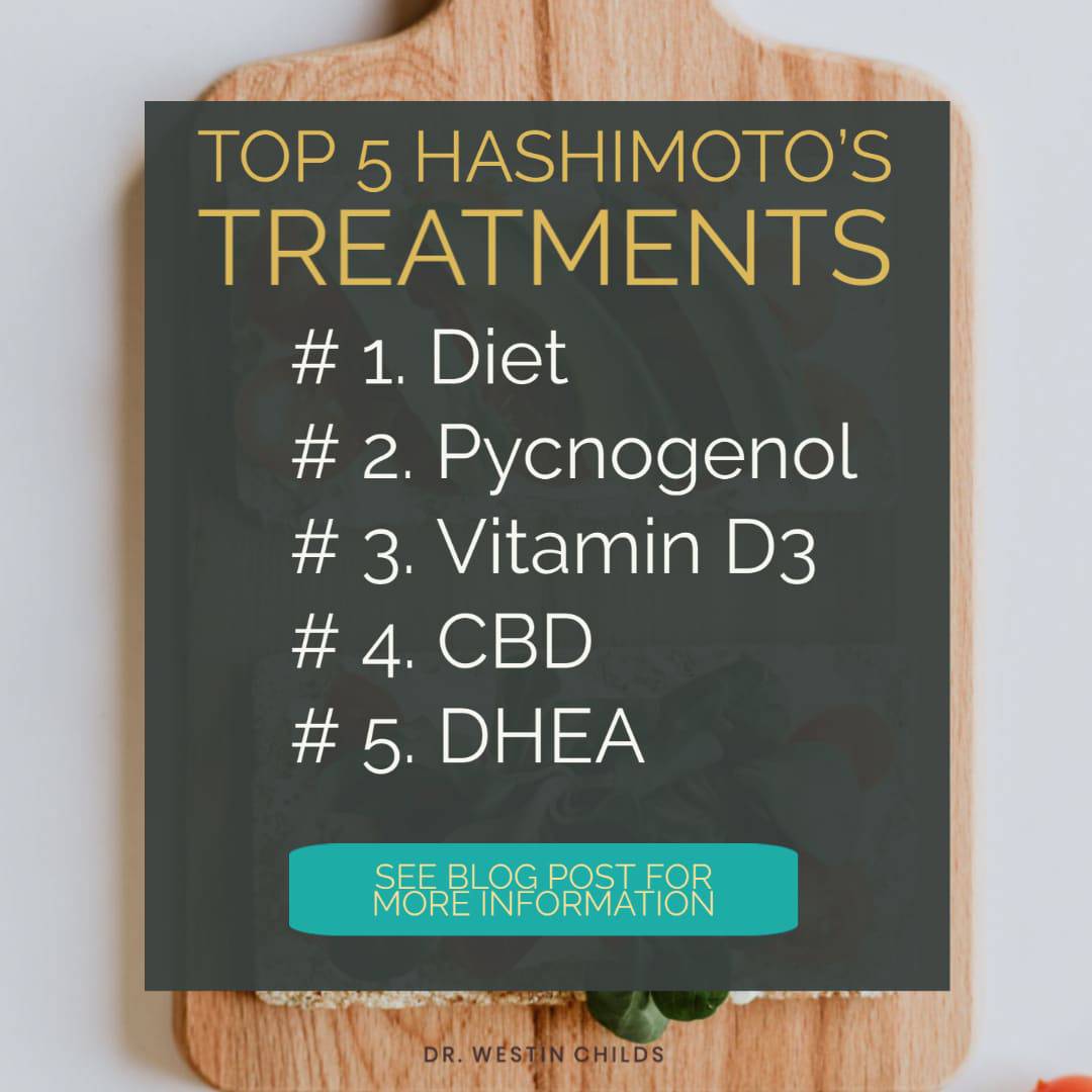 the top 5 hashimoto's treatments listed in a row with a cutting board in the background.